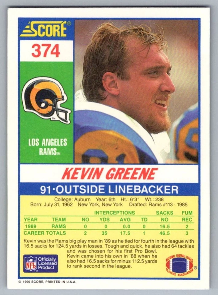 1990 Score Kevin Greene Los Angeles Rams #374 - Image 2 of 2