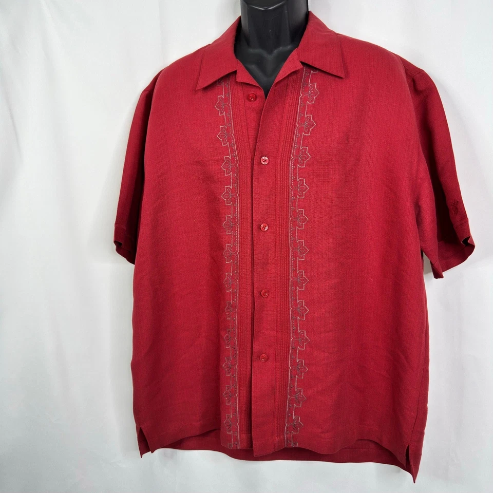 Camisa para hombre Cubavera roja manga corta abotonada bordada resort informal XL Foto 3 de 4