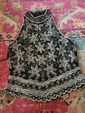 VTG womens XL Papell Boutique Evening silk beaded sleeveless floral top black