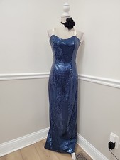 Vtg'80s Unbranded Navy Blue Sequins Dress Gown Prom Bling