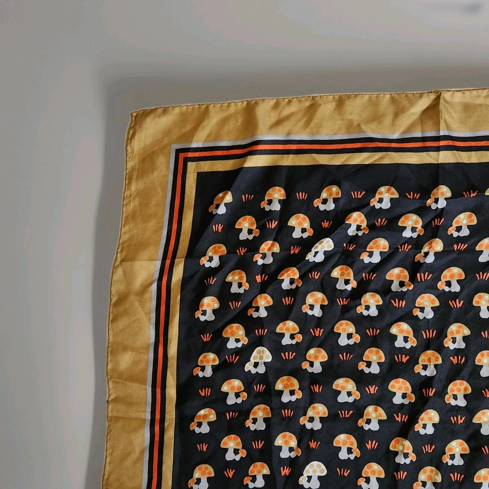 Vtg ECHO Mod Mushrooms Scarf 70s Funky 100% Silk Japan Black Orange Khaki Read - Image 4 of 4