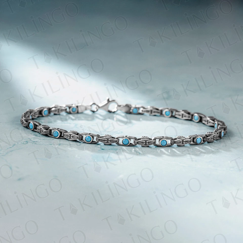 925 Sterling Silver Men's Bracelet with Turquoise Stones Oxidized Link Chain - Image 4 of 4