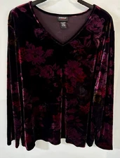Avenue Stretch Wm 22/24 Jewel Tone Floral Velvet V-Neck Pullover Top LS Holidays