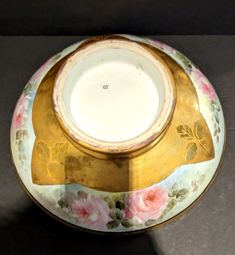Huge Limoges Hand Painted Pink Roses Gold Gilt Center or Punch Bowl 14.25" - Picture 14 of 19