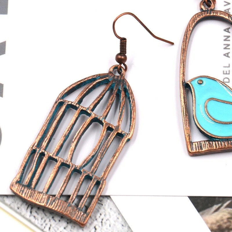 Moda Mujeres Vintage Pendientes Bohemios Bronce Envejecido Asimétrico Jaula de Pájaros 1336 Foto 3 de 4