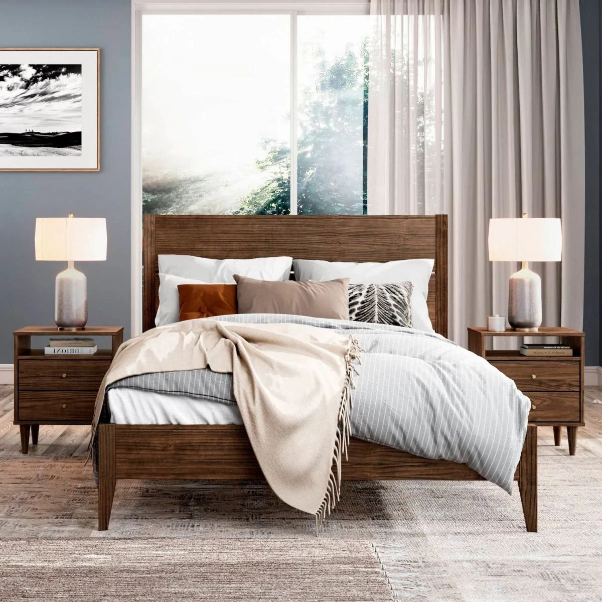 Mid Century Modern Platform Bed Frame and Headboard King Size