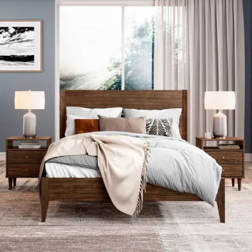 Mid Century Modern Platform Bed Frame and Headboard King Size Solid Wood Walnut