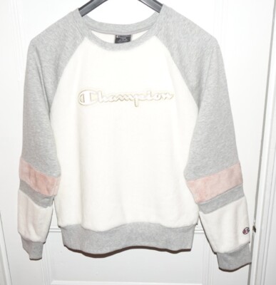 Champion Faux Fur Crewneck Sweatshirt Women s Large Chalk White