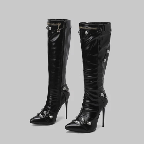 Scarpe Club stivali al ginocchio tacco alto cerniera donna borchie ecopelle taglia US - Foto 43 di 44