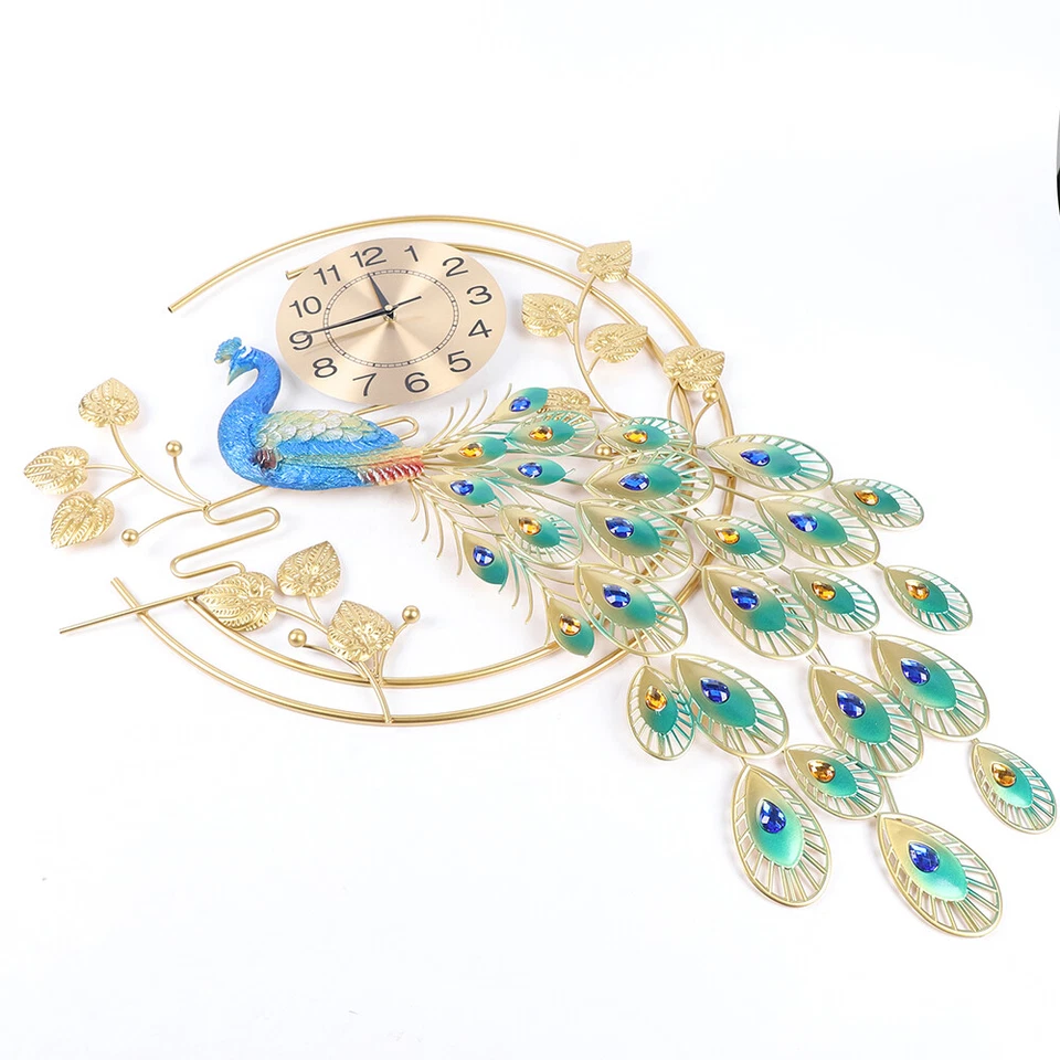Reloj de Pared Grande 36.6" Lujo Pavo Real 3D Metal Salón Pared Reloj Decoración EE. UU. Foto 4 de 4