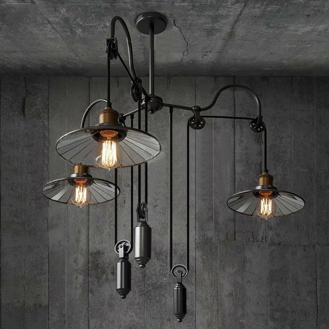 Loft Vintage Pulley Adjustable Ceiling Light 3 Lights Mirror