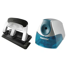 3 Hole Punch, 40 Sheets, Ez Squeeze, All Metal + Electric Pencil Sharpener, Stal