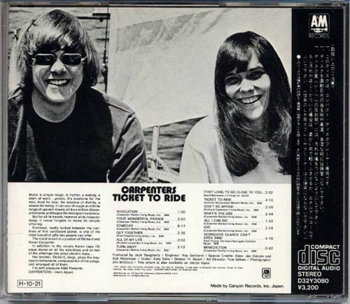 CARPENTERS Ticket To Ride JAPAN 1st Press CD 1986 D32Y3080 3200Yen