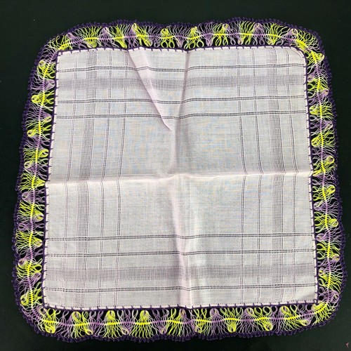 Vintage Hairpin Lace Crochet Handkerchief Hanky Pierced Pink Purple Yellow NICE - Picture 6 of 6