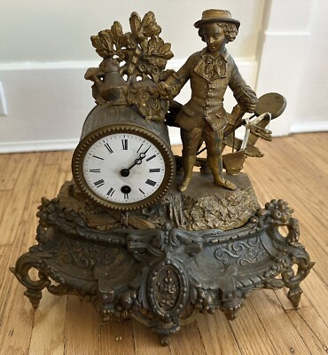 Antique French 19thC Figural Gilt Metal Mantle Clock
