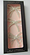 RACHEL ZOE Crystal Silver Bow Ornaments Set of 6 NEW IN SEALED BOX