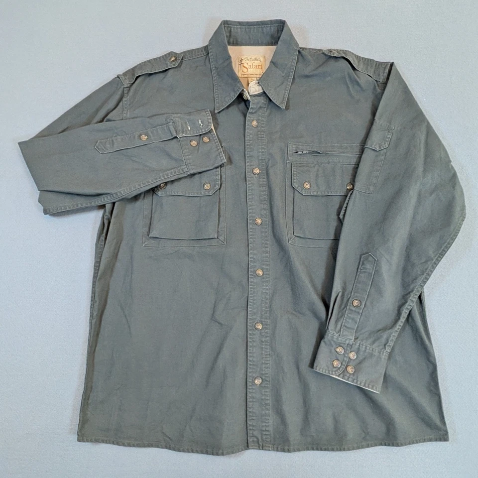Cabelas Safari Series Men's Size Large Shirt Green Cotton Safari Double Pocket - Image 2 of 4