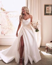 Chic modern satin wedding dress wedding dress ivory 32-60 skirt slit white ivory