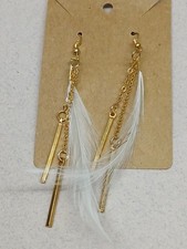 Gold Tone And White Feather Earrings