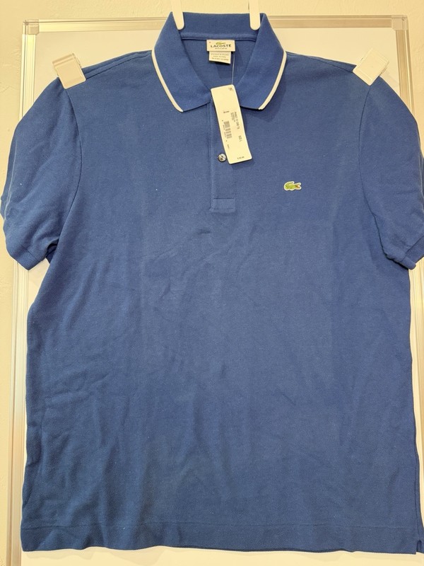 LACOSTE Polo Shirt Pique Cotton Short Sleeve Large 6 Stripe Blue White Regular