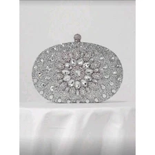 Sparkling Rhinestone Evening Clutch Purse Bag Silver Oval Gem Embellished
