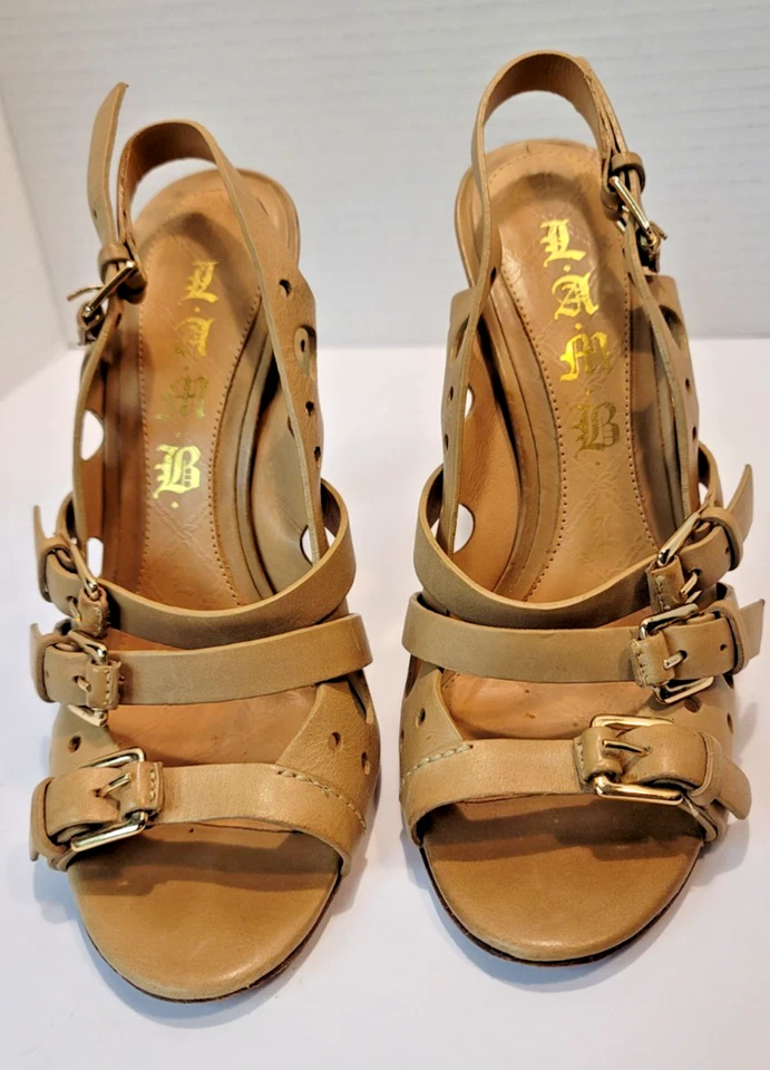 L.A.M.B. Sandalias de tacón alto tostadas de cuero con tiras de Gwen Stefani talla 5,5 Foto 2 de 4