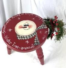 Christmas 3-Legged Red Milking Stool  Handle 11" Tall