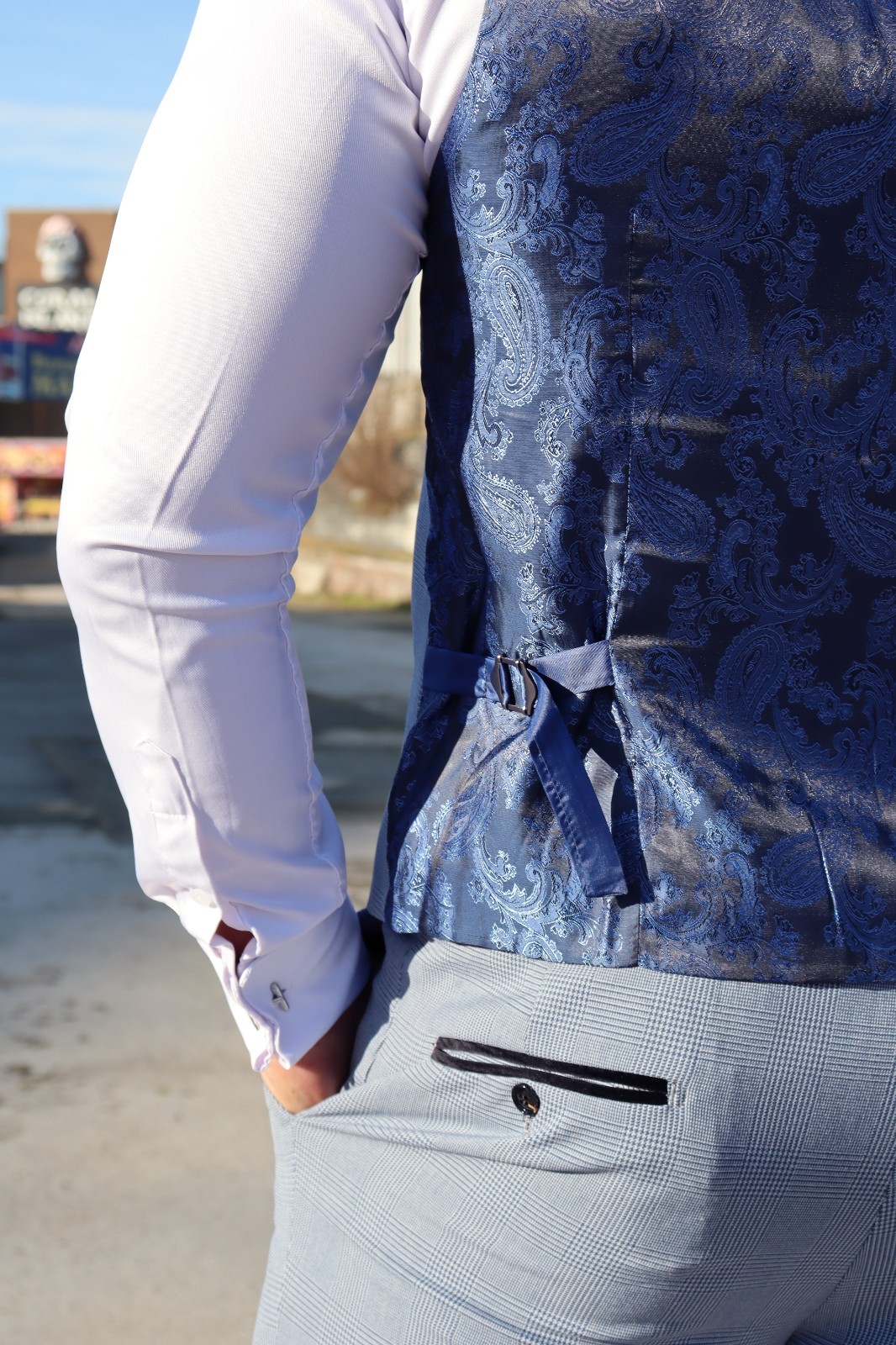 Mens Suit Sky Light Blue Check Three 3 Piece Wedding Groom Races STRETCH FIT 3PC