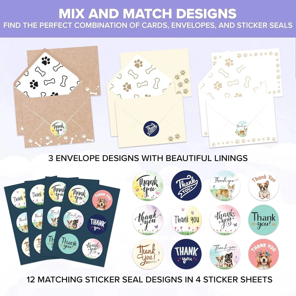 24 Pack 6X4In Dog Thank You Cards with Envelopes and Stickers, 12 Adorable Desig - Image 4 of 4