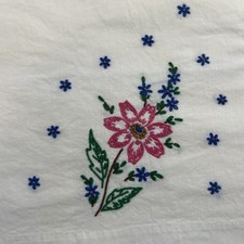 VTG White Embroidered Floral Standard Pillow Case Cottagecore Hand Stitched