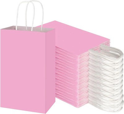 100 Pack 5.25x3.25x8.25 Inch Small Light Pink Kraft Paper Bags with Handles Bulk