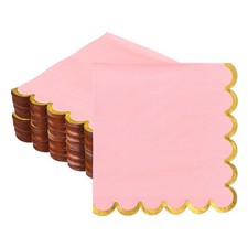 100 Pcs Scalloped Cocktail Napkins with Gold Foil 5 x 5 Inch, Shallow Pink 