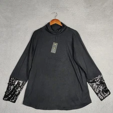 DG2 Diane Gilman Top Womens 1X Black Brushed Knit Sequin Cuff Turtleneck NWT