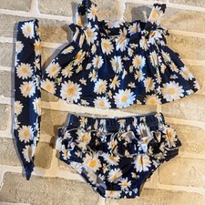 Floral Navy Kids Swim Bikini Set With Matching Headband Tie