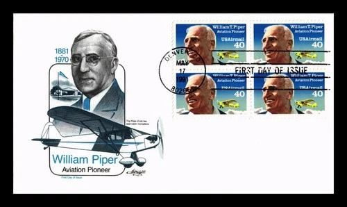 US COVER WILLIAM PIPER AVIATION PIONEER AIR MAIL FDC BLOCK OF 4 ARTMASTER