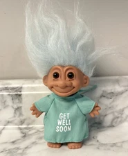 Vintage Russ Troll Doll 4" Figure - Get Well Soon Hospital Gown pale blue hair