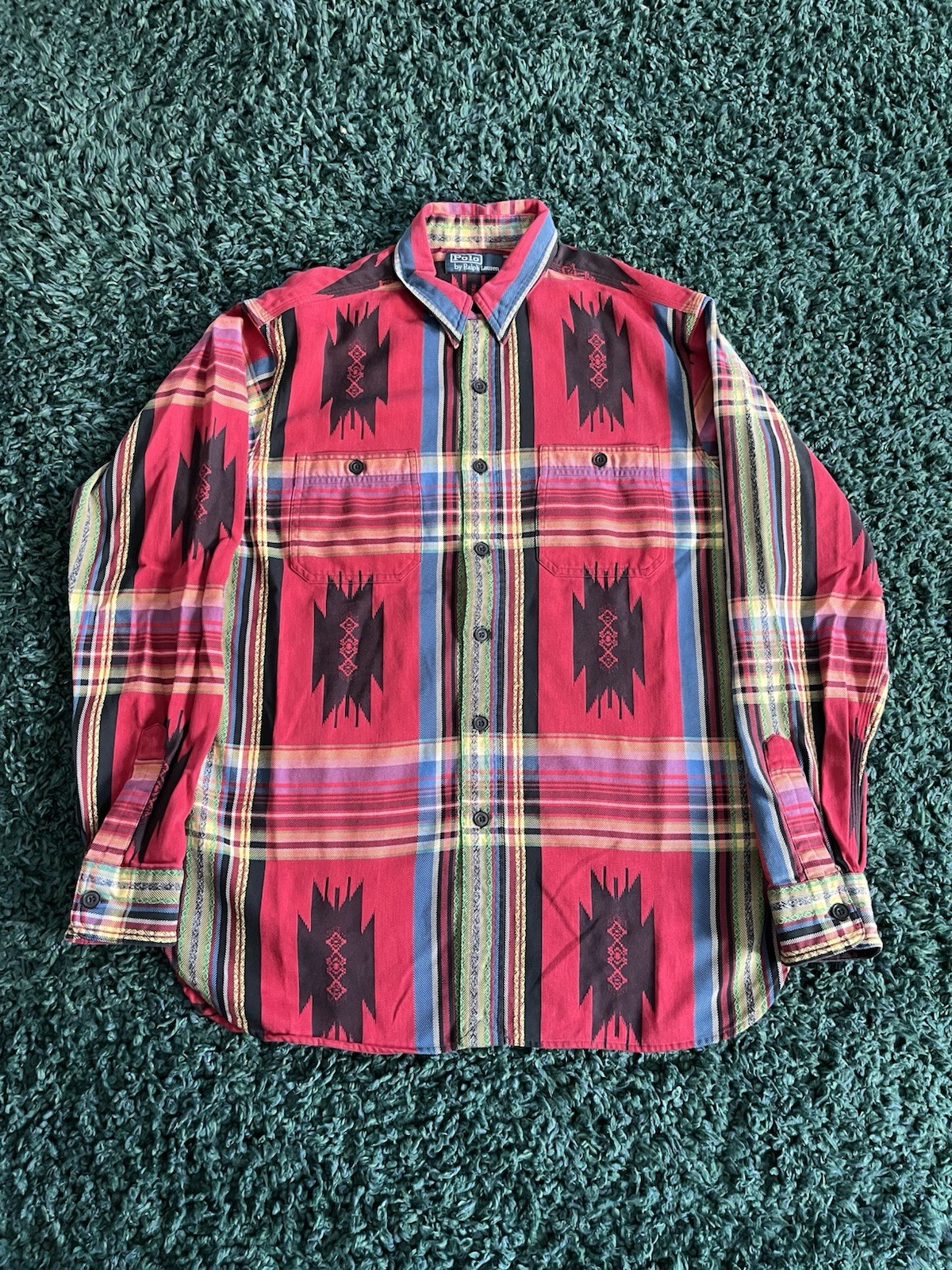 VTG Polo Ralph Lauren Shirt Mens L Chin Strap Aztec Southwestern Beacon Serape