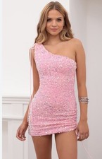 Lucy In The Sky One Shoulder Velvet Sequin Mini Dress Womens Small Barbie Pink