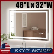 48”x 32” LED Bathroom Mirror, Wall Vanity Mirror, 3 Colors Touch , Anti-Fog US