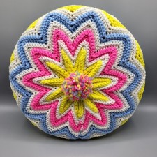 Vtg Crochet Round Granny Throw Pillow Pink Yellow Blue Yarn Ruffled Handmade