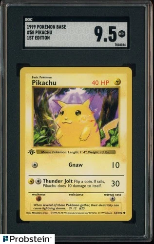 1999 Pokemon Base Set Shadowless 1st Edition #58 Pikachu SGC 9.5 MINT+