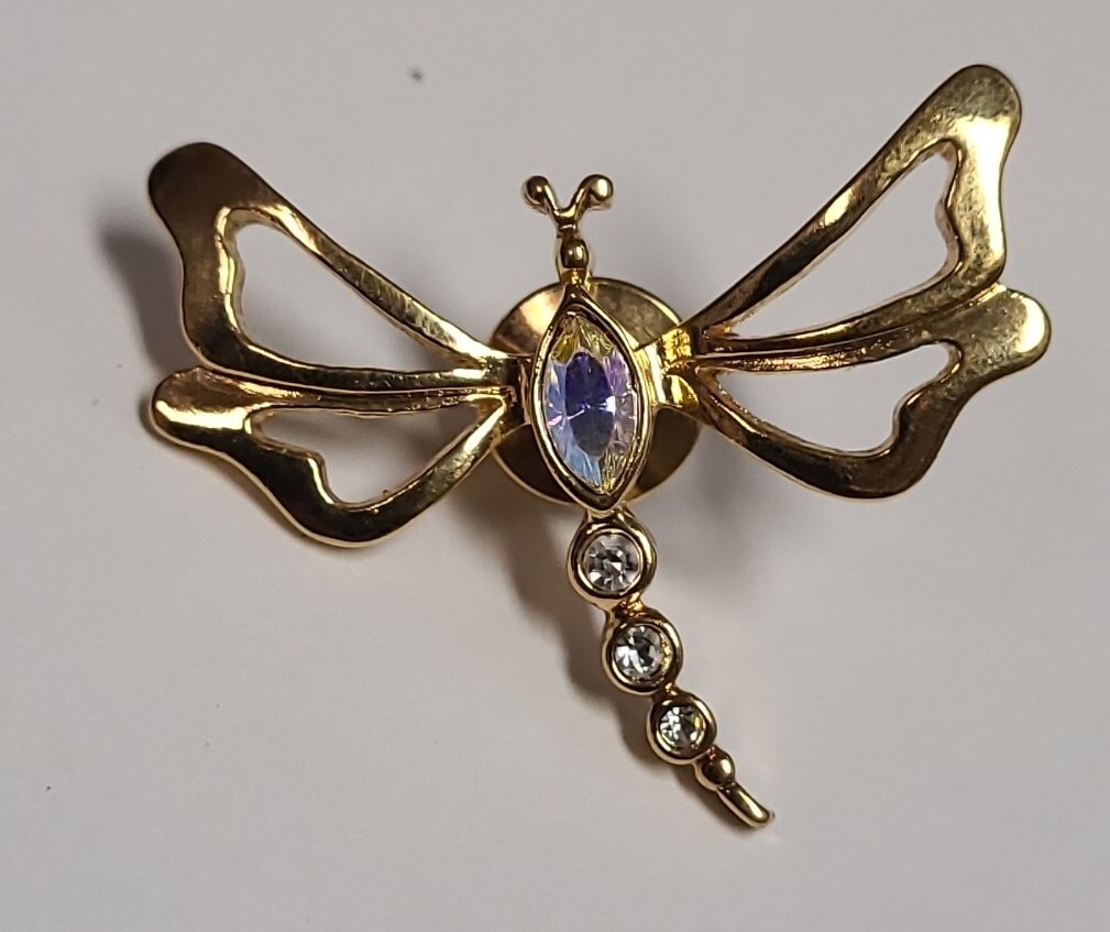 Vintage Brooch Lapel Pin Dragonfly Aurora Borealis Avon  1980s Signed Goldtone