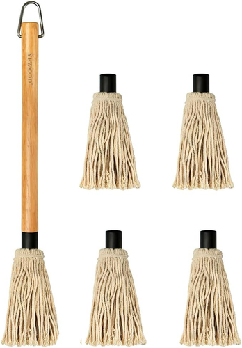 18 Inch Grill Basting Mop Wooden Long Handle with 4 Extra Heads for BBQ Grillin