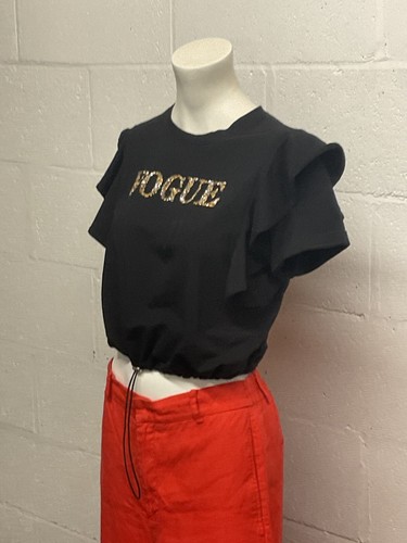 Flam Mode Women’s Crop T Shirt Top Black Frilled Shoulders Size S/M - 第 2/6 張圖片