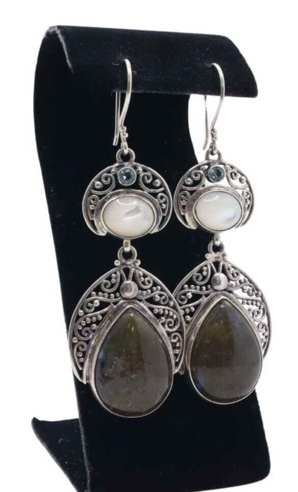 Sterling Silver Large Gemstone Dangle Earrings - image 2