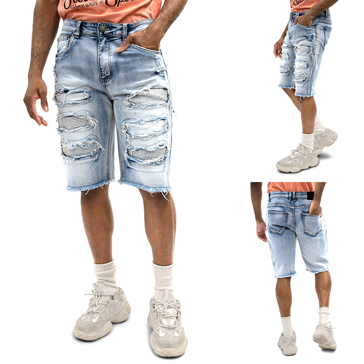 【DEARMINE】Lica Cutting Bermuda Pants Victorious Men's Casual Rhinestone Distressed Slim Fit Denim
