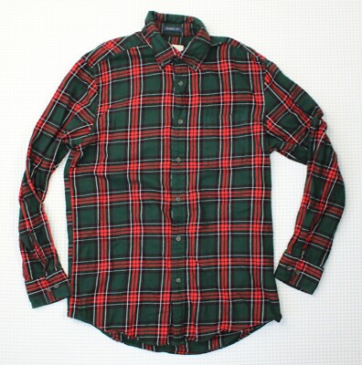 St Johns Bay Mens Small Green & Red Plaid Flannel Button Down Long