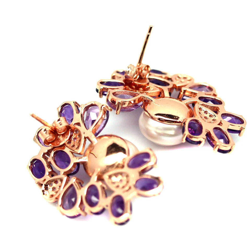 Prata esterlina 925 10 mm. Brincos de pérola branca, ametista roxa e safira rosa - Imagem 3 de 4