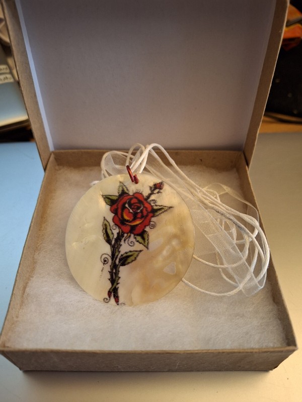 Gift Boxed Mother of Pearl Hand Painted Single Rose White Necklace Round Pendant