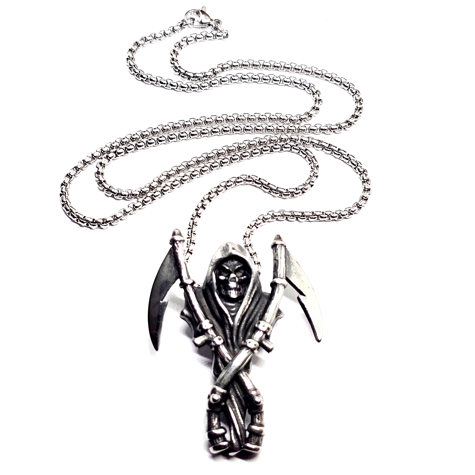 Grim Reaper Pendant Necklace Steel Twin Scythes  24"" Chain Goth Biker Jewellery